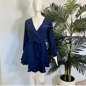 NWOT Deep V-Neck Long Sleeve Waist Tie
Ruffle Mini Dress Navy Blue Sz XS